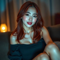 A Korean girl with a provocative face and sexy lips sitting on a sofa at home, looking at the viewer with a teasing smile and slightly parted lips, striking a sexy and alluring pose