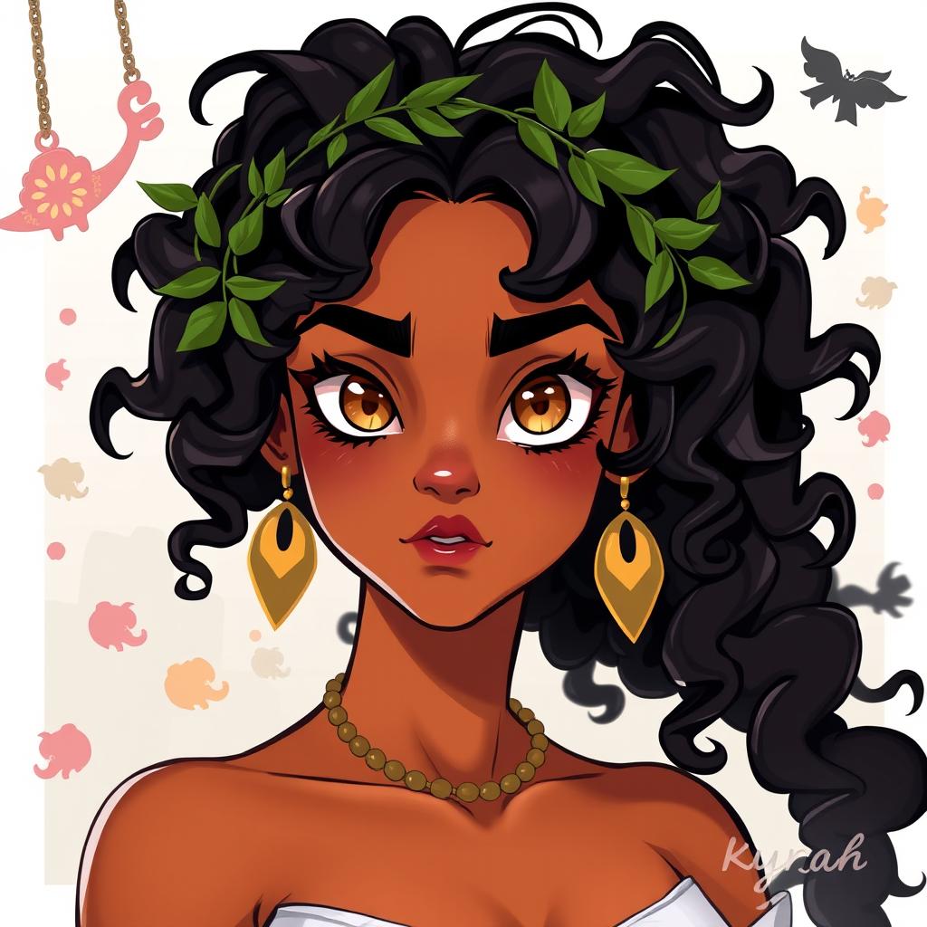 A character design of Kyrah, a Greek muse with a wild and chaotic personality, depicted as a young woman with distinctive features