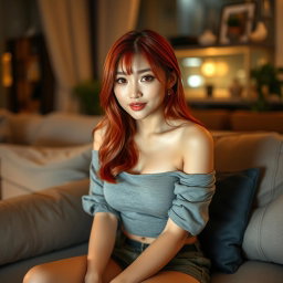 A Korean girl with a provocative face and sexy lips sitting on a sofa in her home, gazing at the viewer with a teasing smile and slightly parted lips, striking a sexy and alluring pose