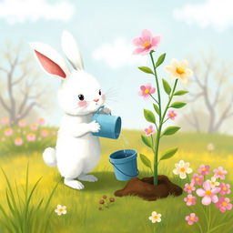On a beautiful spring morning, a cute little white rabbit is standing on a grassy field, holding a bucket as it waters a freshly planted sapling