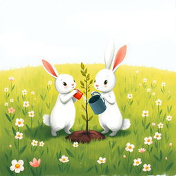 On a beautiful spring morning, a cute little white rabbit is standing on a grassy field, holding a bucket as it waters a freshly planted sapling