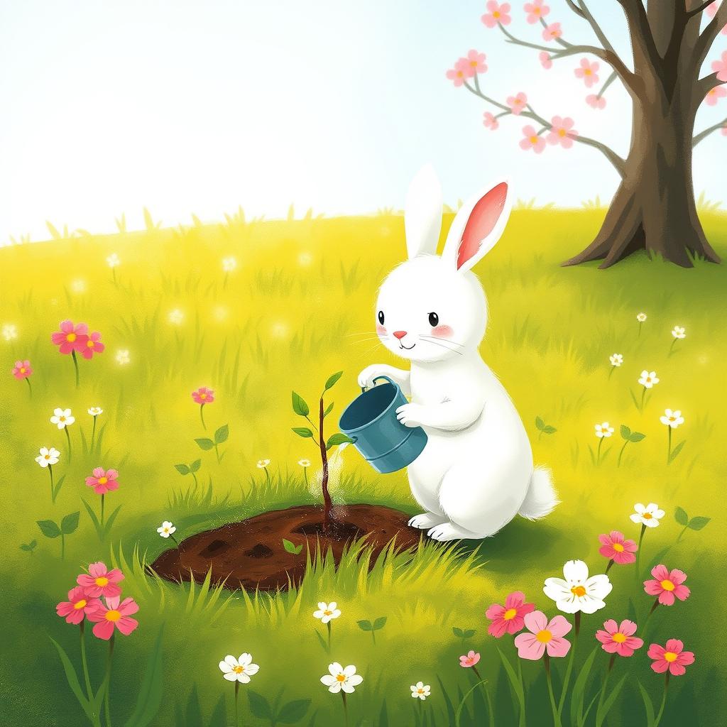 On a beautiful spring morning, a cute little white rabbit is standing on a grassy field, holding a bucket as it waters a freshly planted sapling