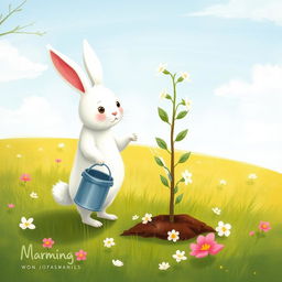 On a beautiful spring morning, a cute little white rabbit is standing on a grassy field, holding a bucket as it waters a freshly planted sapling
