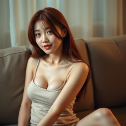 A Korean girl with a provocative face and sexy lips sitting on a sofa at home, gazing at the viewer with a teasing smile and slightly parted lips, striking a sexy and alluring pose