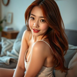 A Korean girl with a provocative face and sexy lips sitting on a sofa at home, gazing at the viewer with a teasing smile and slightly parted lips, striking a sexy and alluring pose