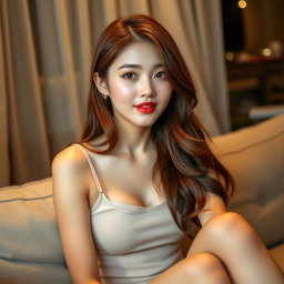 A Korean girl with a provocative face and sexy lips sitting on a sofa at home, gazing at the viewer with a teasing smile and slightly parted lips, striking a sexy and alluring pose