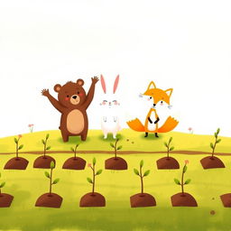 On a cheerful spring morning, a cute little brown bear, a charming white rabbit, and an adorable yellow fox are happily cheering together on a grassy field