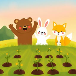 On a cheerful spring morning, a cute little brown bear, a charming white rabbit, and an adorable yellow fox are happily cheering together on a grassy field