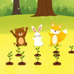 On a cheerful spring morning, a cute little brown bear, a charming white rabbit, and an adorable yellow fox are happily cheering together on a grassy field