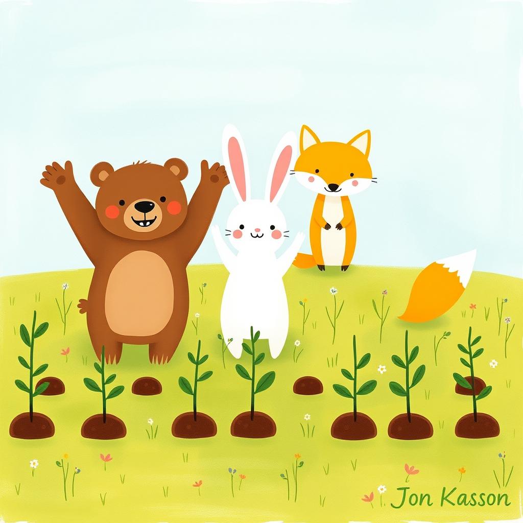On a cheerful spring morning, a cute little brown bear, a charming white rabbit, and an adorable yellow fox are happily cheering together on a grassy field