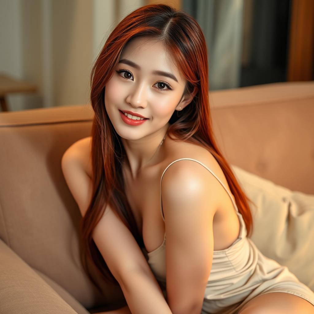A Korean girl with a provocative face and sexy lips sitting on a sofa at home, looking at the viewer with a teasing smile and slightly parted lips, striking a sexy and alluring pose