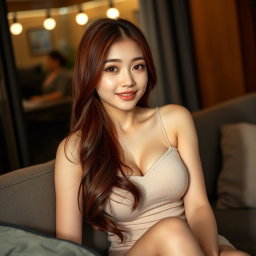 A Korean girl with a provocative face and sexy lips sitting on a sofa at home, looking at the viewer with a teasing smile and slightly parted lips, striking a sexy and alluring pose