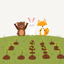 On a joyful spring morning, a cute little brown bear, an adorable white rabbit, and a charming yellow fox are happily cheering together on a grassy field