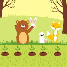 On a joyful spring morning, a cute little brown bear, an adorable white rabbit, and a charming yellow fox are happily cheering together on a grassy field