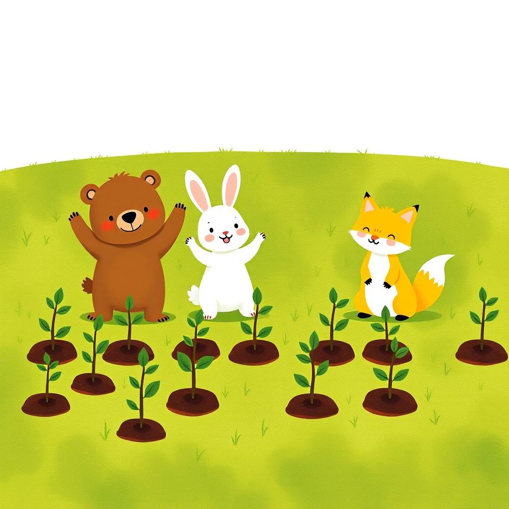 On a joyful spring morning, a cute little brown bear, an adorable white rabbit, and a charming yellow fox are happily cheering together on a grassy field