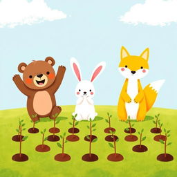 On a joyful spring morning, a cute little brown bear, an adorable white rabbit, and a charming yellow fox are happily cheering together on a grassy field
