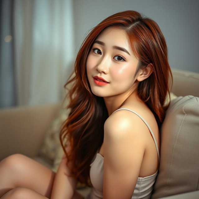 A Korean girl with a provocative face and sexy lips sitting on a sofa at home, looking at the viewer with a teasing smile and slightly parted lips, striking a sexy and alluring pose