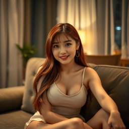 A Korean girl with a provocative face and sexy lips sitting on a sofa in her home, looking directly at the viewer with a seductive smile and slightly parted lips, striking a sexy and alluring pose