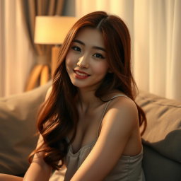 A Korean girl with a provocative face and sexy lips sitting on a sofa in her home, looking directly at the viewer with a seductive smile and slightly parted lips, striking a sexy and alluring pose