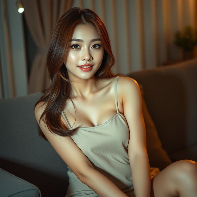 A Korean girl with a provocative face and sexy lips sitting on a sofa in her home, looking directly at the viewer with a seductive smile and slightly parted lips, striking a sexy and alluring pose