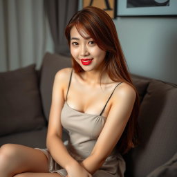 A Korean girl with a provocative face and sexy lips sitting on a sofa in her home, looking directly at the viewer with a seductive smile and slightly parted lips, striking a sexy and alluring pose