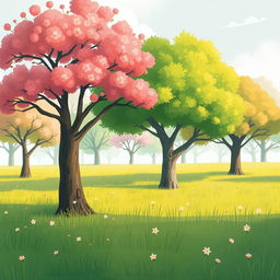 On a refreshing spring morning, a lush green grassy field is filled with numerous large trees, their foliage vibrant and thriving