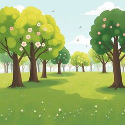 On a refreshing spring morning, a lush green grassy field is filled with numerous large trees, their foliage vibrant and thriving
