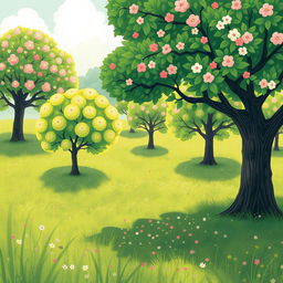 On a refreshing spring morning, a lush green grassy field is filled with numerous large trees, their foliage vibrant and thriving