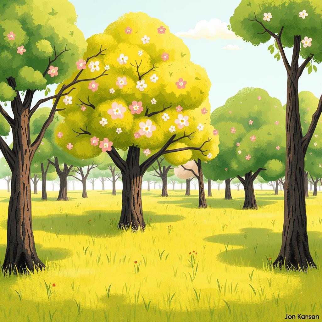 On a refreshing spring morning, a lush green grassy field is filled with numerous large trees, their foliage vibrant and thriving