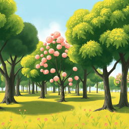 On a bright spring morning, a grassy field is filled with numerous large trees, their lush green foliage thriving