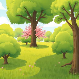 On a bright spring morning, a grassy field is filled with numerous large trees, their lush green foliage thriving