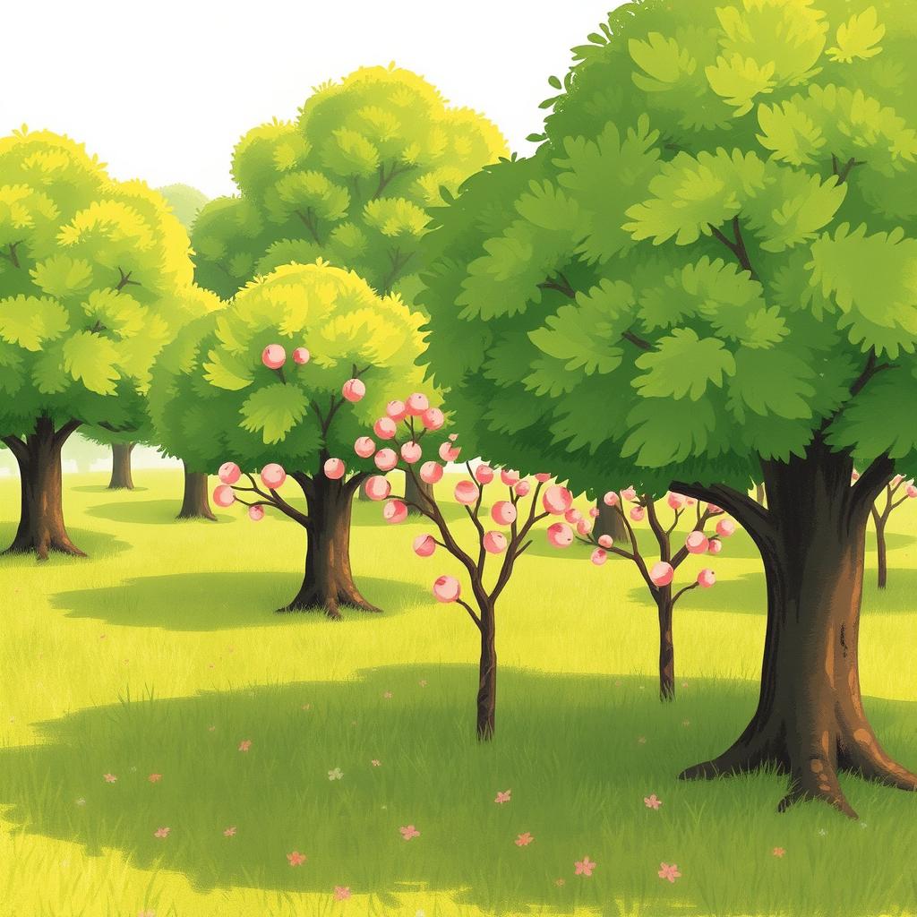 On a bright spring morning, a grassy field is filled with numerous large trees, their lush green foliage thriving