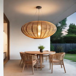 An inviting ellipse-shaped rattan pendant light, brightly glowing as it hangs beneath the sturdy structure of a modern carport at dusk.