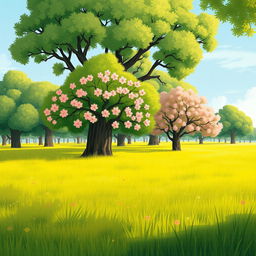 On a bright spring morning, a grassy field is filled with numerous large trees, their lush green foliage thriving