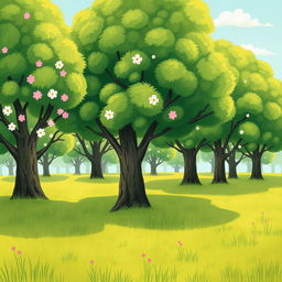 On a vibrant spring morning, a lush green grassy field is filled with numerous large trees, their foliage rich and thriving