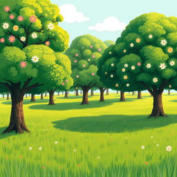 On a vibrant spring morning, a lush green grassy field is filled with numerous large trees, their foliage rich and thriving