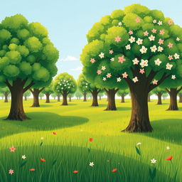 On a vibrant spring morning, a lush green grassy field is filled with numerous large trees, their foliage rich and thriving