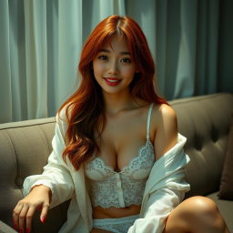 A Korean girl aged 18 with a provocative face and sexy lips, sitting on her home sofa, looking at the viewer with a flirtatious smile and slightly parted lips, striking a sexy and alluring pose