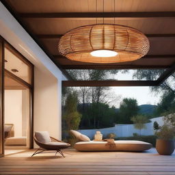 An inviting ellipse-shaped rattan pendant light, brightly glowing as it hangs beneath the sturdy structure of a modern carport at dusk.