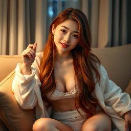 An 18-year-old Korean girl with a provocative face and sexy lips, sitting on her home sofa looking at the viewer with a flirtatious smile and slightly parted lips, striking a sexy pose