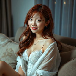 An 18-year-old Korean girl with a provocative face and sexy lips, sitting on her home sofa looking at the viewer with a flirtatious smile and slightly parted lips, striking a sexy pose