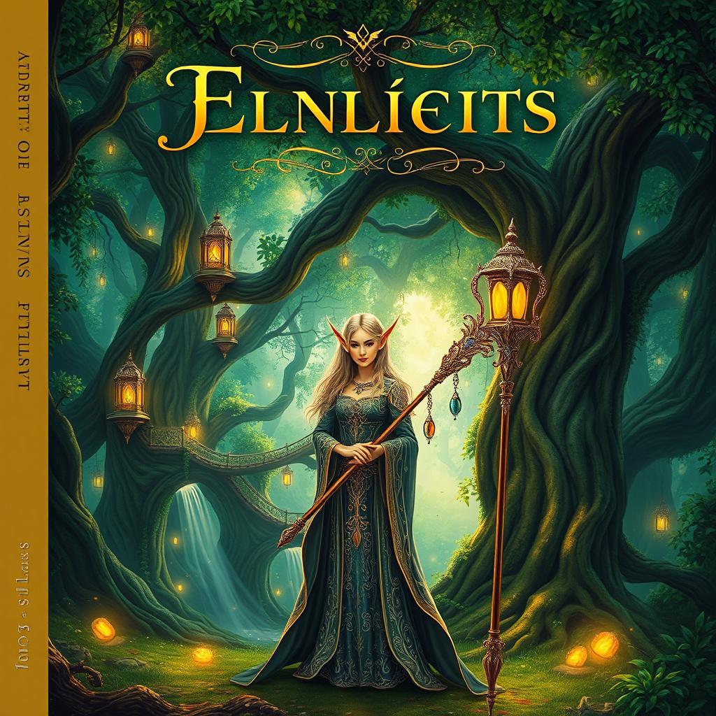 A fantasy book cover featuring an enchanting forest filled with lush, vibrant greenery and ethereal, glowing lights peeking through the leaves