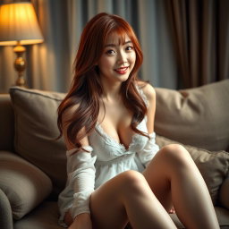 An 18-year-old Korean girl with a provocative face and sexy lips, sitting on her home sofa looking at the viewer with a flirtatious smile and slightly parted lips, striking a sexy pose