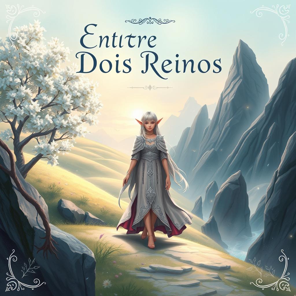 A fantasy book cover for the story titled "Entre Dois Reinos" featuring a delicate and enchanting landscape that embodies two contrasting realms