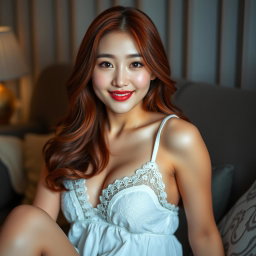 An 18-year-old Korean girl with a provocative face and sexy lips, sitting on her home sofa looking at the viewer with a flirtatious smile and slightly parted lips, striking a sexy pose