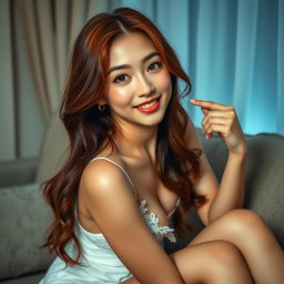 An 18-year-old Korean girl with a provocative face and sexy lips, sitting on her home sofa looking at the viewer with a flirtatious smile and slightly parted lips, striking a sexy pose