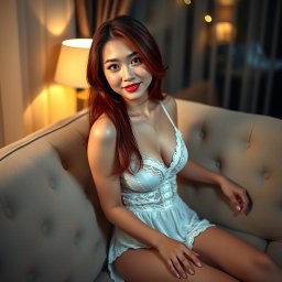 An 18-year-old Korean girl with a provocative face and sexy lips, sitting on her home sofa looking at the viewer with a flirtatious smile and slightly parted lips, striking a sexy pose