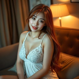 An 18-year-old Korean girl with a provocative face and sexy lips, sitting on her home sofa looking at the viewer with a flirtatious smile and slightly parted lips, striking a sexy pose