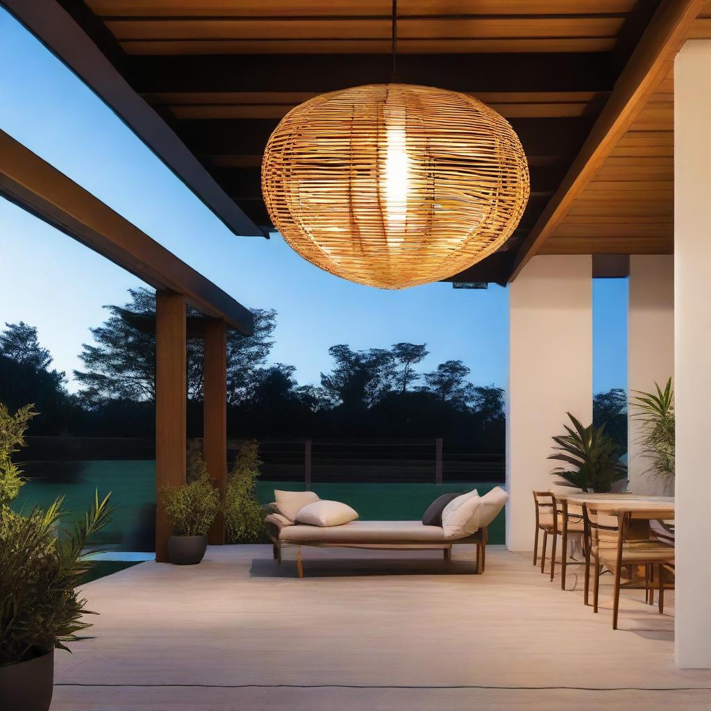 An inviting ellipse-shaped rattan pendant light, brightly glowing as it hangs beneath the sturdy structure of a modern carport at dusk.