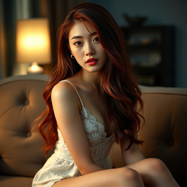 An 18-year-old Korean girl with a provocative face and sexy lips, sitting on her home sofa, looking at the viewer with a seductive gaze while striking a sexy and alluring pose